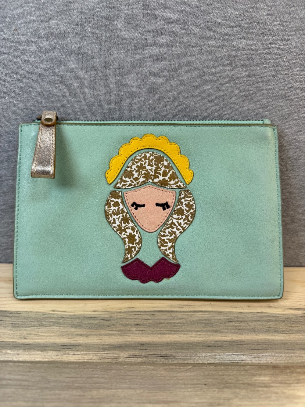 Anthropologie Miss Albright Collection Zip Pouch Clutch Bag Virgo Teal Like New